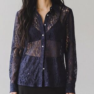 Sheer Lace Button-Up Shirt - Navy With Crystal Buttons